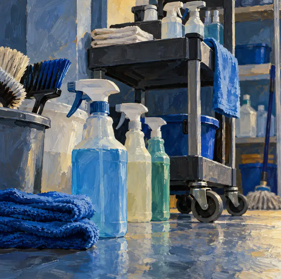Illustration of cleaning businesses equipment and workspace